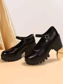 秋冬新款时尚象牙色圆头厚底粗跟女式高跟鞋，优雅玛丽珍鞋