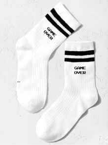 兒童條紋和標語圖案中筒襪 - 黑與白 - 查看 1