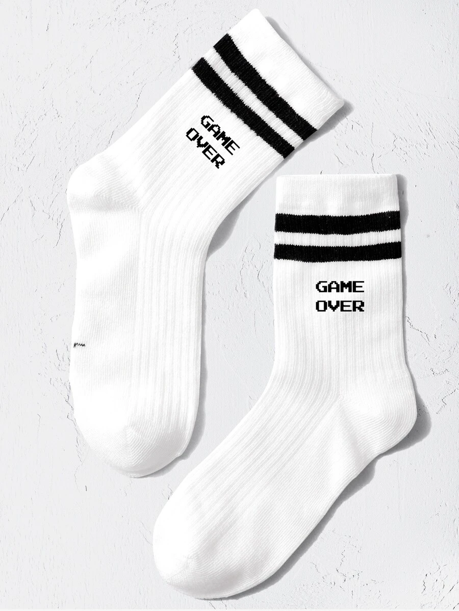 兒童條紋和標語圖案中筒襪 - 黑與白 - 查看 1