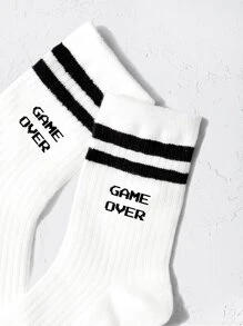 兒童條紋和標語圖案中筒襪 - 黑與白 - 查看 4