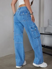 Eilly Bazar Quần jean nữ Nút Túi Dây kéo màu trơn - Rửa trung bình - Xem 2