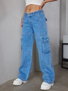 Eilly Bazar Quần jean nữ Nút Túi Dây kéo màu trơn - Rửa trung bình - Xem 4