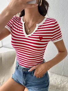 SHEIN EZwear Striped Print Heart Patched Detail Tee