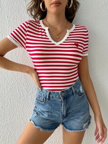 SHEIN EZwear Striped Print Heart Patched Detail Tee