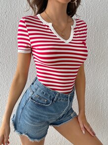 SHEIN EZwear Striped Print Heart Patched Detail Tee