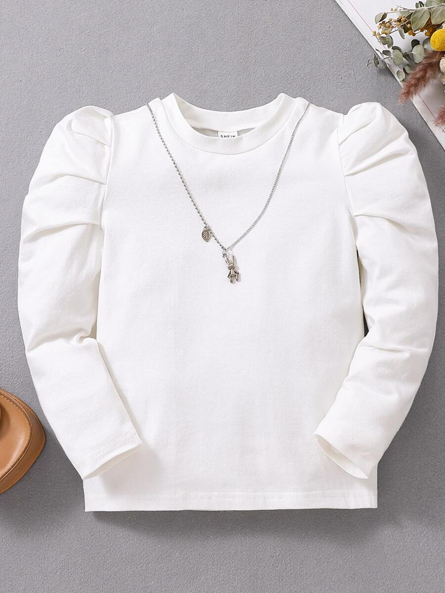 小女童1入組素色羊腿袖T恤 - 白色 - 查看 1