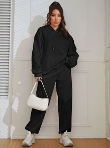 SHEIN EZwear Bộ đồ hai mảnh nữ Dây kéo màu trơn Giải trí - màu đen - Xem 3