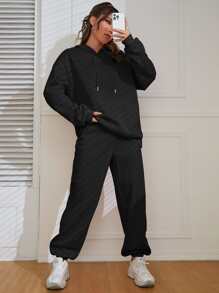 SHEIN EZwear Bộ đồ hai mảnh nữ Dây kéo màu trơn Giải trí - màu đen - Xem 4