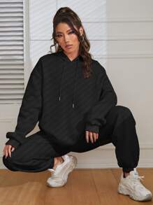 SHEIN EZwear Bộ đồ hai mảnh nữ Dây kéo màu trơn Giải trí - màu đen - Xem 5