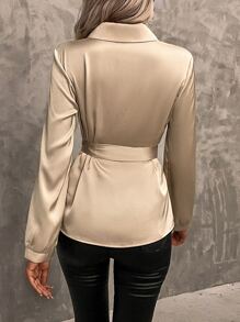 SHEIN Clasi Satin Shawl Collar Belted Wrap Blouse Women Shirt - Apricot - View 2