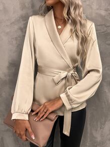 SHEIN Clasi Satin Shawl Collar Belted Wrap Blouse Women Shirt - Apricot - View 4