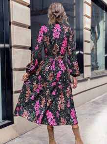 SHEIN Clasi 滿版印花燈籠袖繫腰帶連衣裙 - 黑色 - 查看 2