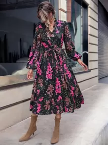 SHEIN Clasi 滿版印花燈籠袖繫腰帶連衣裙 - 黑色 - 查看 3