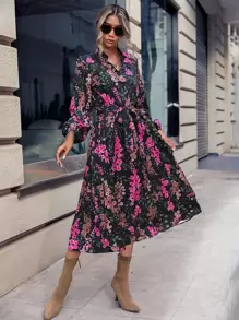 SHEIN Clasi 滿版印花燈籠袖繫腰帶連衣裙 - 黑色 - 查看 4