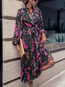 SHEIN Clasi 滿版印花燈籠袖繫腰帶連衣裙 - 黑色 - 查看 5
