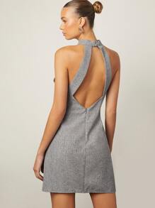 SHEIN Privé Backless Halter Neck Linen Dress - Grey - View 1