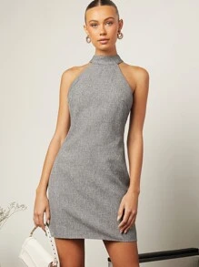 SHEIN Privé Backless Halter Neck Linen Dress - Grey - View 2