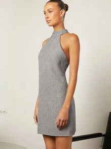 SHEIN Privé Backless Halter Neck Linen Dress - Grey - View 3