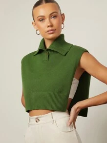 BizChic Chaleco de punto corto de cuello polo - Verde - Ver 1