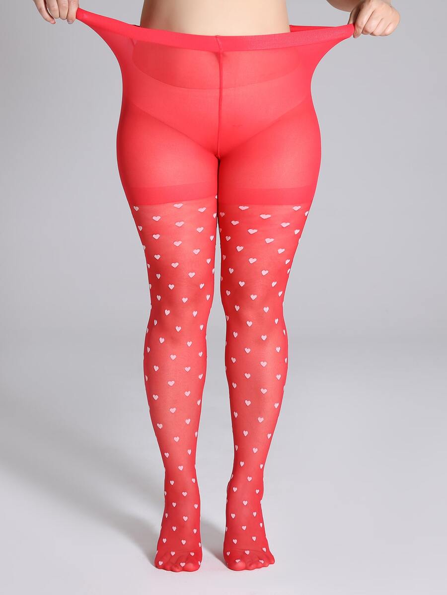 Heart Pattern Plus Size Tights - Rose Red - View 1