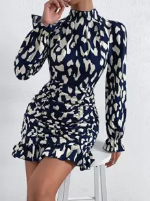 Chiquease Allover Print Mock Neck Ruched Ruffle Hem Dress - Navy Blue - View 1