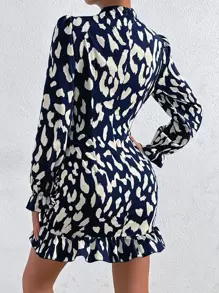 Chiquease Allover Print Mock Neck Ruched Ruffle Hem Dress - Navy Blue - View 2