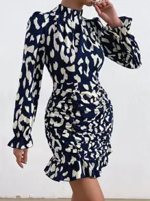 Chiquease Allover Print Mock Neck Ruched Ruffle Hem Dress - Navy Blue - View 3