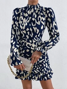 Chiquease Allover Print Mock Neck Ruched Ruffle Hem Dress - Navy Blue - View 4