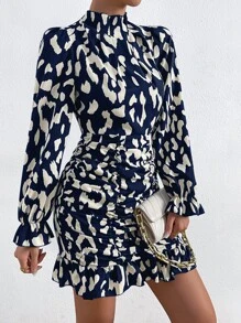 Chiquease Allover Print Mock Neck Ruched Ruffle Hem Dress - Navy Blue - View 6