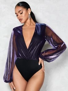 SHEIN BAE Áo liền quần ôm nữ Tương phản Mesh Trọn gói màu trơn Gợi cảm - Màu tím - Xem 1