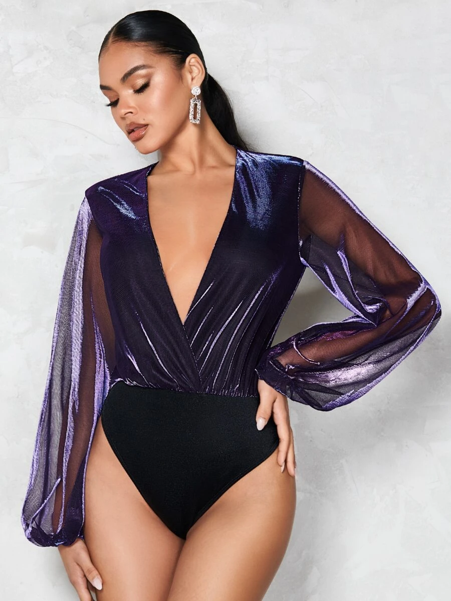 SHEIN BAE Áo liền quần ôm nữ Tương phản Mesh Trọn gói màu trơn Gợi cảm - Màu tím - Xem 1