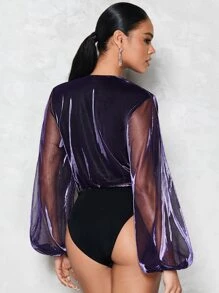 SHEIN BAE Áo liền quần ôm nữ Tương phản Mesh Trọn gói màu trơn Gợi cảm - Màu tím - Xem 2