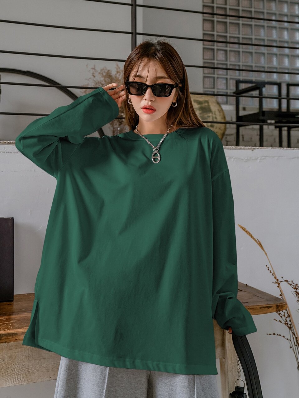 Split Hem Drop Shoulder Tee Long Sleeve Women