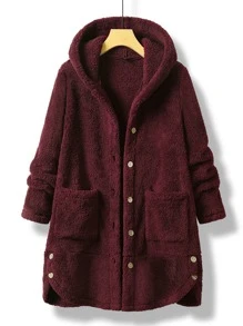 Mulvari Plus Pocket Patched Hooded Flannel Coat - Maroon - View 1