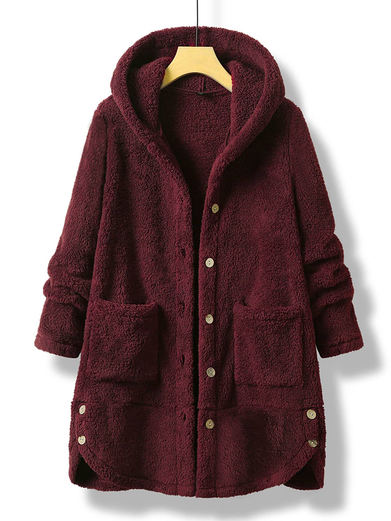 Mulvari Plus Pocket Patched Hooded Flannel Coat - Maroon - View 1