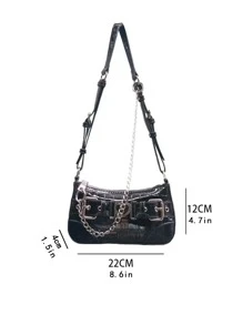 鱷魚壓紋心和搭扣裝飾流浪包 - 黑色 - 查看 4