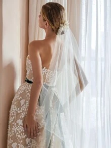 人造珍珠花装饰新娘面纱 - 香檳色 - 查看 2