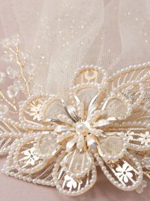 人造珍珠花装饰新娘面纱 - 香檳色 - 查看 3