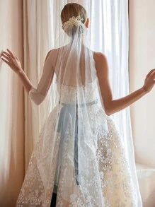 人造珍珠花装饰新娘面纱 - 香檳色 - 查看 6