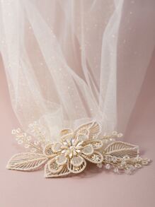 人造珍珠花装饰新娘面纱 - 香檳色 - 查看 8