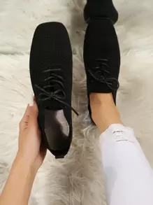 Square Toe Lace-up Front Oxford Flats - Black - View 1