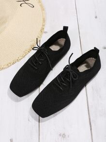 Square Toe Lace-up Front Oxford Flats - Black - View 4