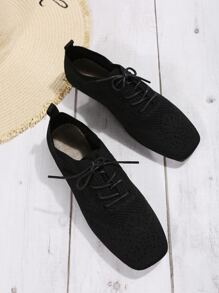 Square Toe Lace-up Front Oxford Flats - Black - View 6