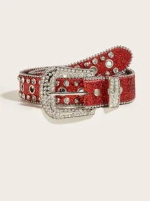 1入組女士水鑽裝飾奢華皮帶 - 紅色 - 查看 6