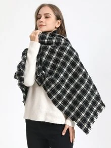 1條女士時尚黑白格子厚圍巾,適合秋冬季日常保暖