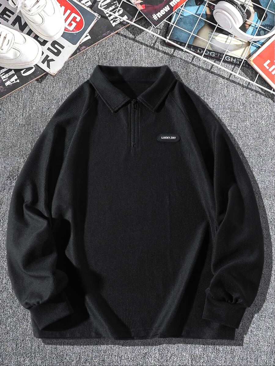 Manfinity Men Plus Letter Patched Detail Raglan Sleeve Polo Shirt - Black - View 1