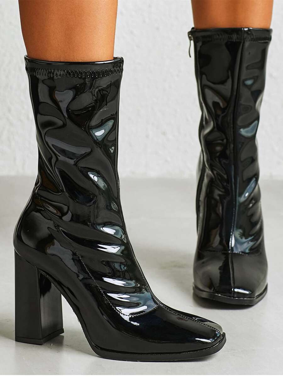 Minimalist Side Zipper Chunky Classic Boots - Black - View 1