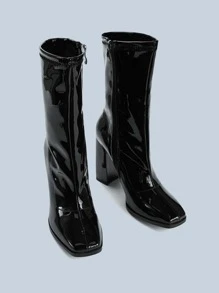 Minimalist Side Zipper Chunky Classic Boots - Black - View 2