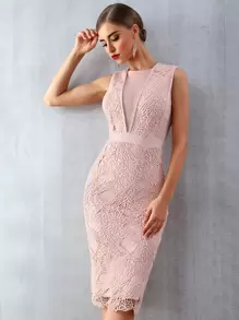 Mesh Insert Guipure Lace Overlay Bandage Dress - Baby Pink - View 1