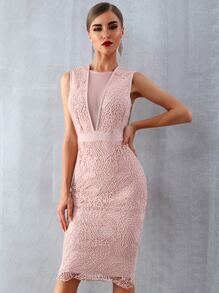 Mesh Insert Guipure Lace Overlay Bandage Dress - Baby Pink - View 4